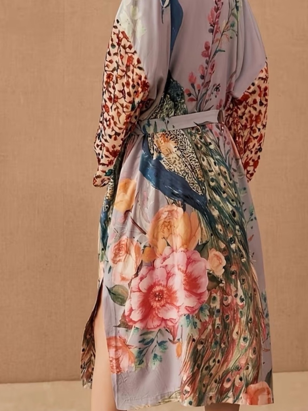 Floral Peacock Print Lavender Wrap Dress